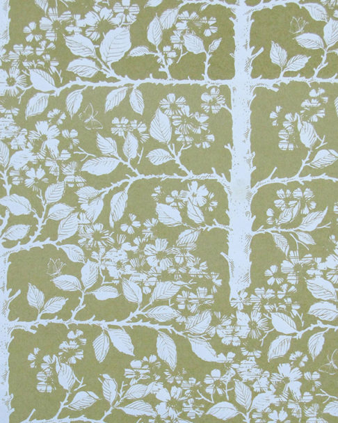 Patterned chartreuse wallpaper depicting fruit trees in a walled garden.