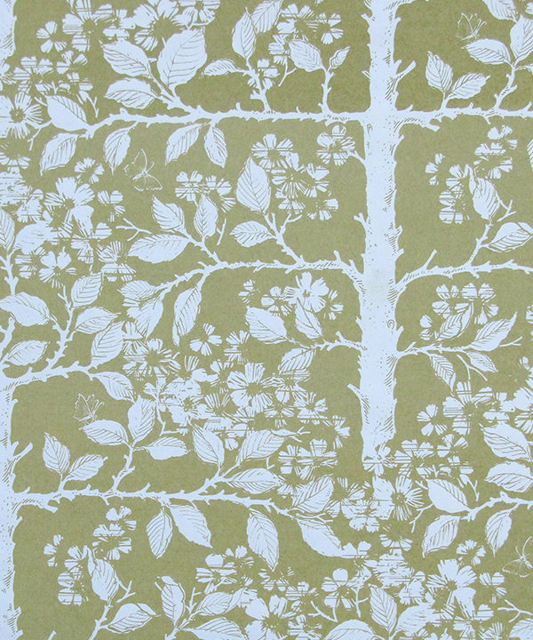 Patterned chartreuse wallpaper depicting fruit trees in a walled garden.