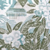 Detail of a country garden wallpaper in a soft peacock blue hue with sage green accents.