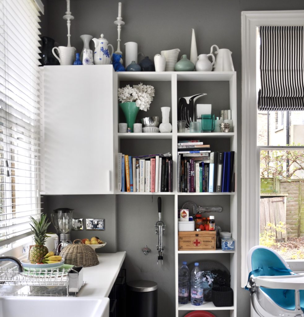 Kitchen shelving storage in a London flat.