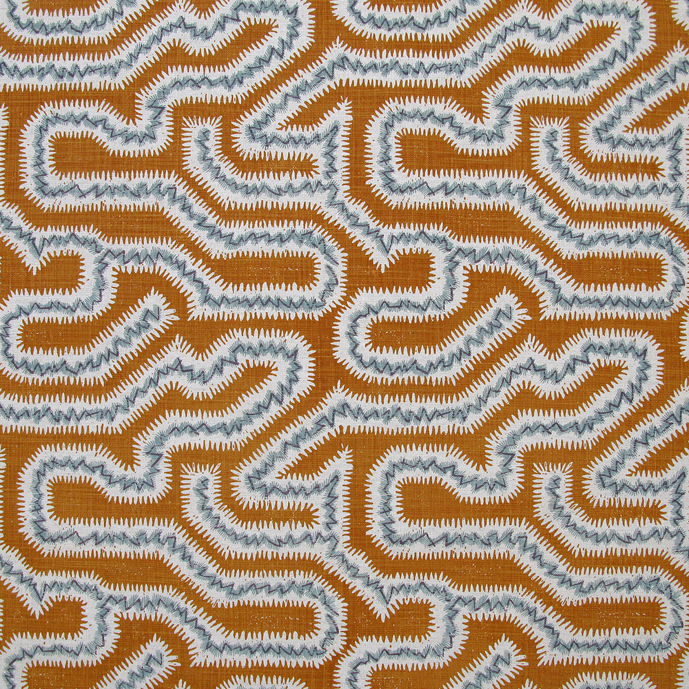 Burnt orange and blue linen in maze design.