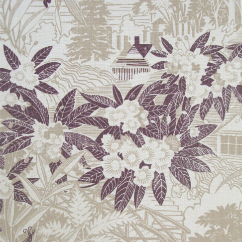 Stone coloured cushions fabric with sepia accents depicting a country house garden.