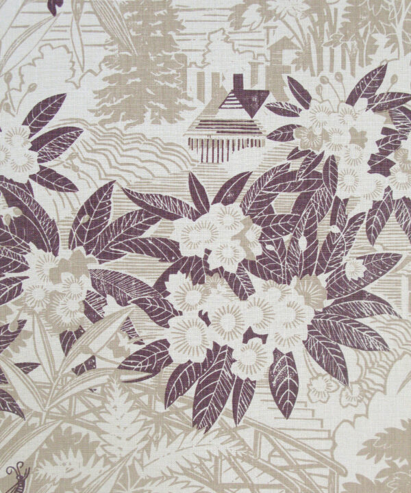 Stone coloured cushions fabric with sepia accents depicting a country house garden.