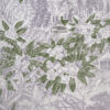 A lilac grey and green linen print of an Arts and Crafts house in a garden of rhododendrons.