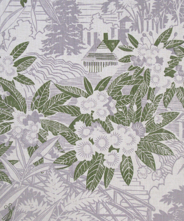 A lilac grey and green linen print of an Arts and Crafts house in a garden of rhododendrons.