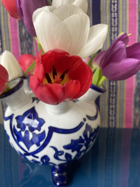 Detail of colourful tulips in a Dutch, Delft tulip vase!