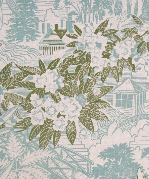 A soft blue and sage green cushion fabric depicting a rural country house garden hand-printed on linen.