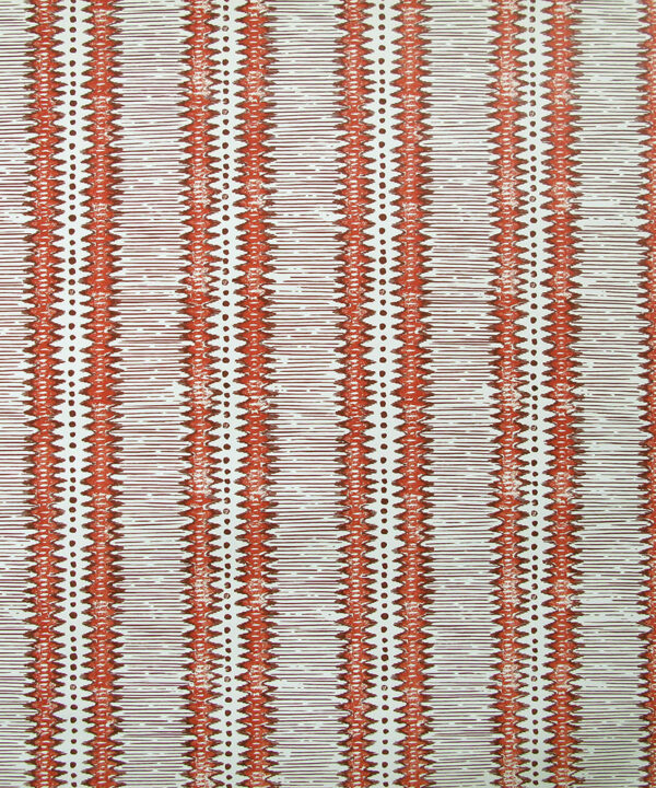 Red striped wallpaper in Porphery inspired by a Yaruban ceremonial mask from West Africa.