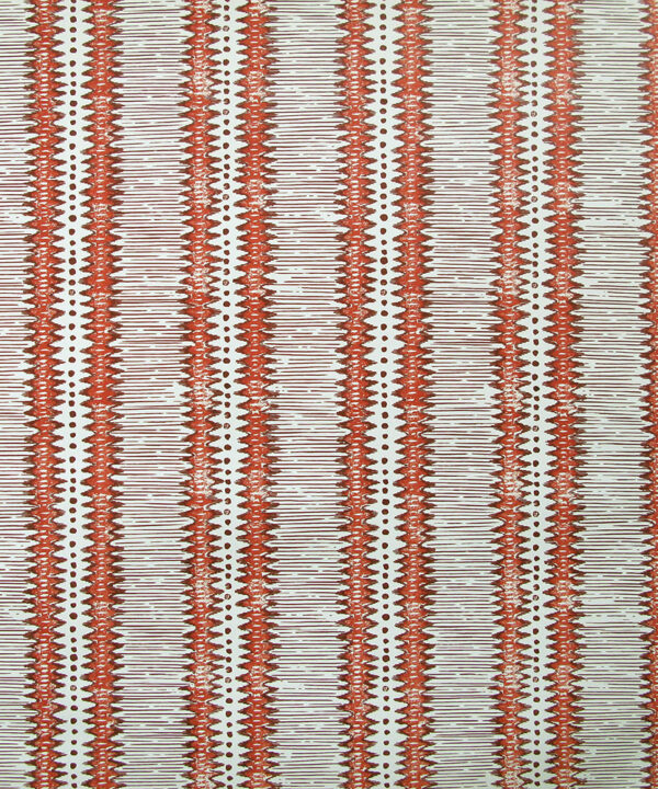 Red striped wallpaper in Porphery inspired by a Yaruban ceremonial mask from West Africa.