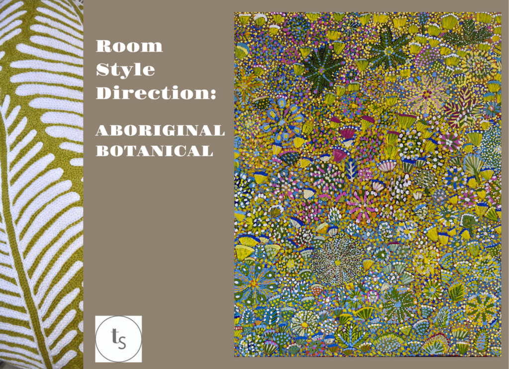 A fresh, verdant room scheme mood board inspired by an original Aboriginal art canvas painting.