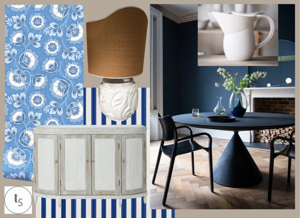 A mood-board showing cool blues and neutral tones inspired by the blue and white folk floral wallpaper on the left by Olenka Design.