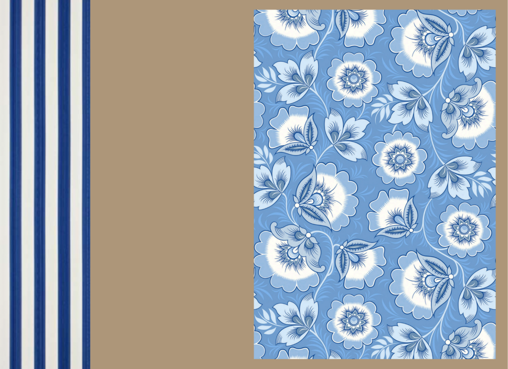 A collage of blue and white floral wallpaper by Olenka Design, a navy pinstripe and a tan background.