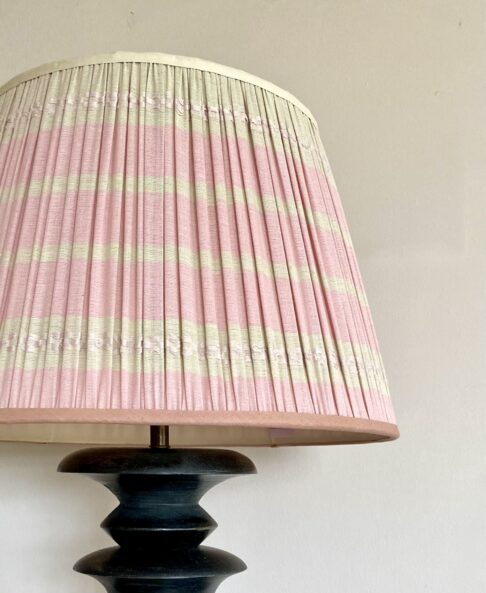 Pale pink gathered lampshades, handmade in India from hand-loomed cotton.