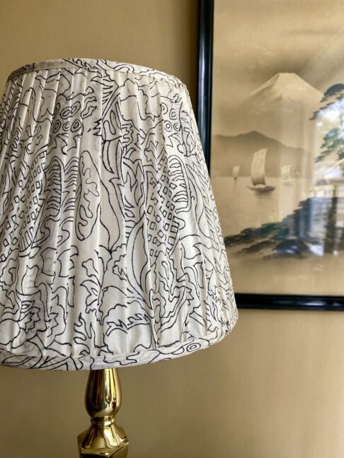 Gathered silk lampshade in black and white.