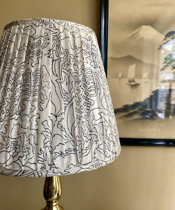 Gathered silk lampshade in black and white.