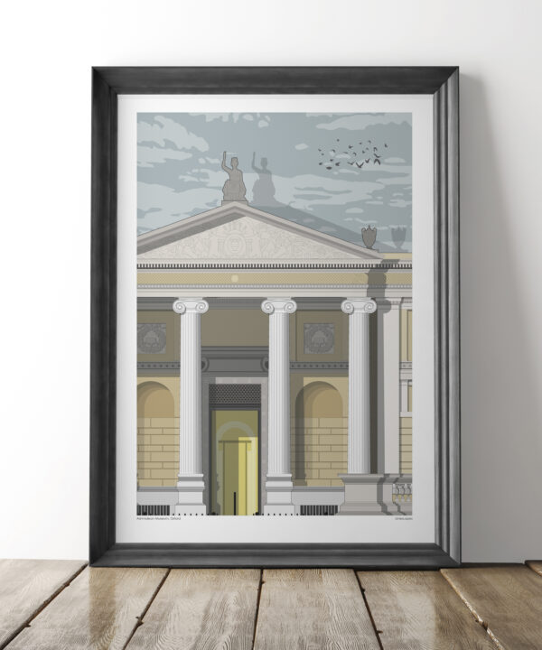 A large format print of a section of the Ashmolean Museum in Oxford in a sitting room scenario.