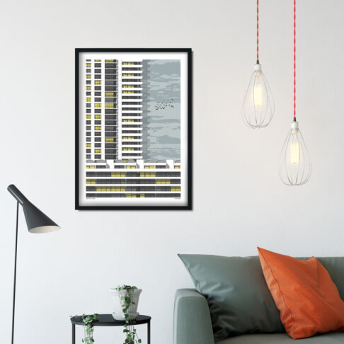 A print of a section of the Barbican flats in London in a sitting room scenario.