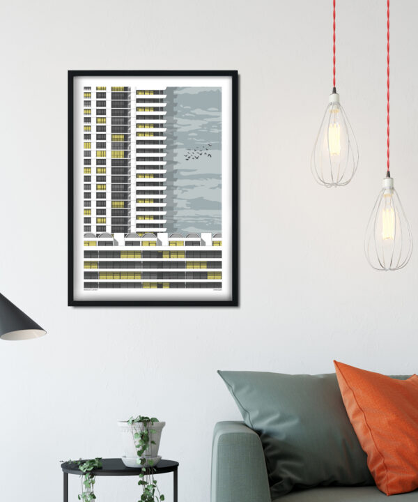 A print of a section of the Barbican flats in London in a sitting room scenario.