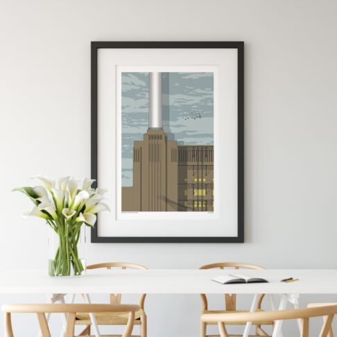 A print of a section of Battersea power station in London in a dining room scenario.