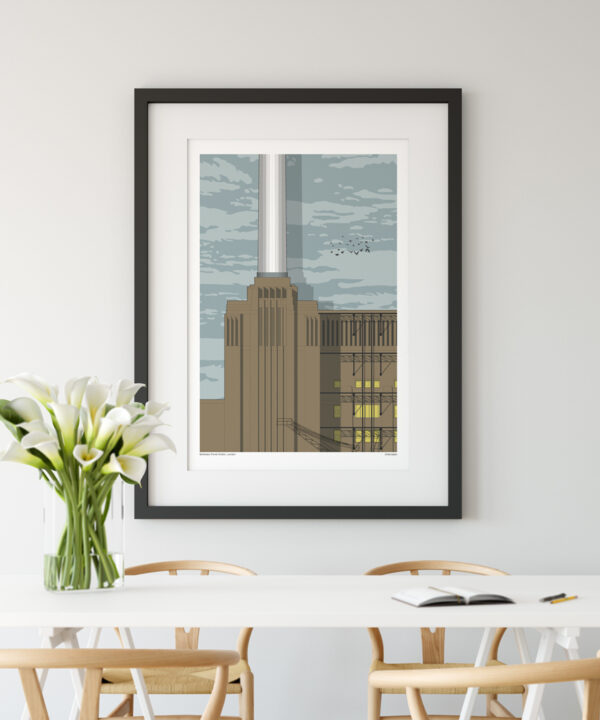 A print of a section of Battersea power station in London in a dining room scenario.