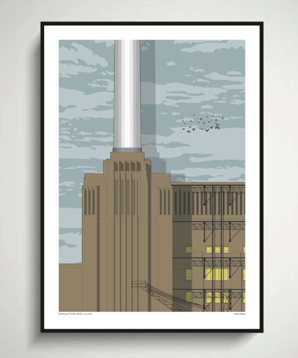 A wall art print of Battersea power station, London.