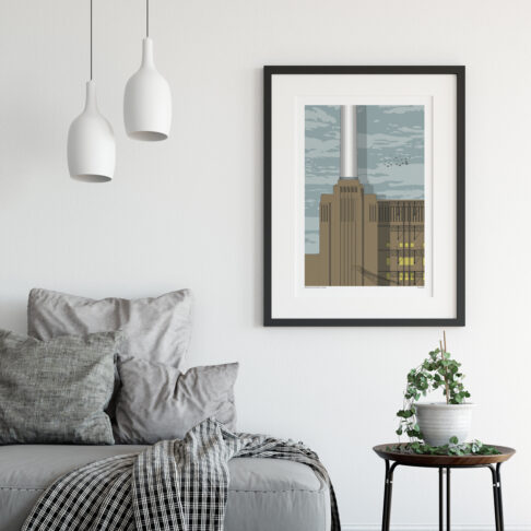 A print of a section of Battersea power station in London in a sitting room scenario.