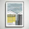 A beach huts wall art print with a modernist feel, inspired by Brighton seafront.