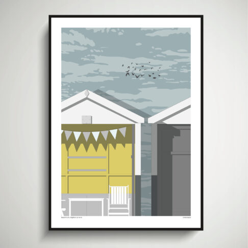 A beach huts wall art print with a modernist feel, inspired by Brighton seafront.