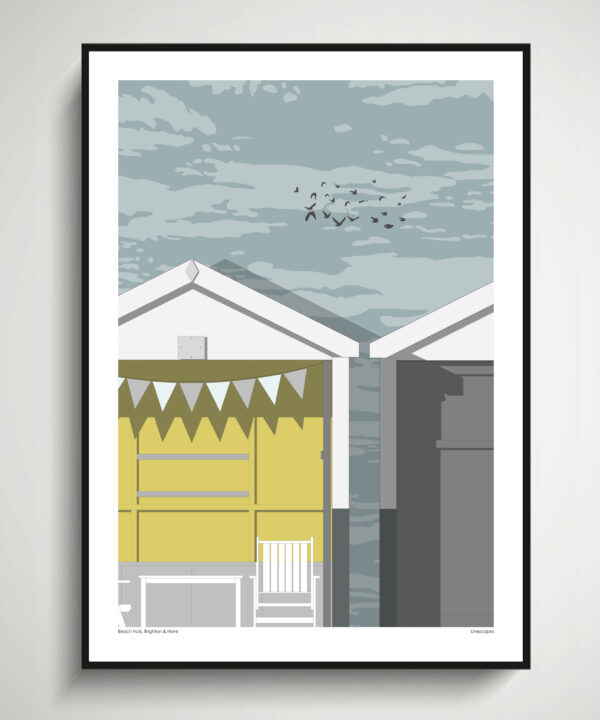 A beach huts wall art print with a modernist feel, inspired by Brighton seafront.