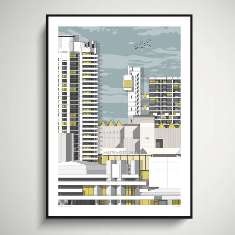 Brutalist architecture prints depicting London's city skyline.