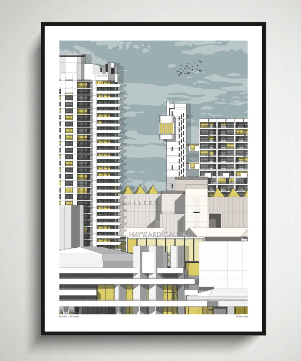 Brutalist architecture prints depicting London's city skyline.