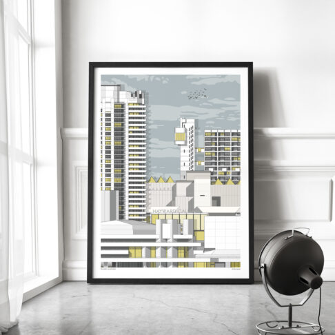 A print of key architectural London landmarks of the 'Brutalist' style in a loft apartment.