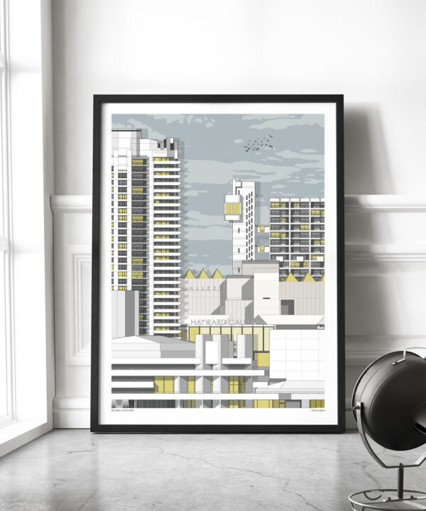 A print of key architectural London landmarks of the 'Brutalist' style in a loft apartment.