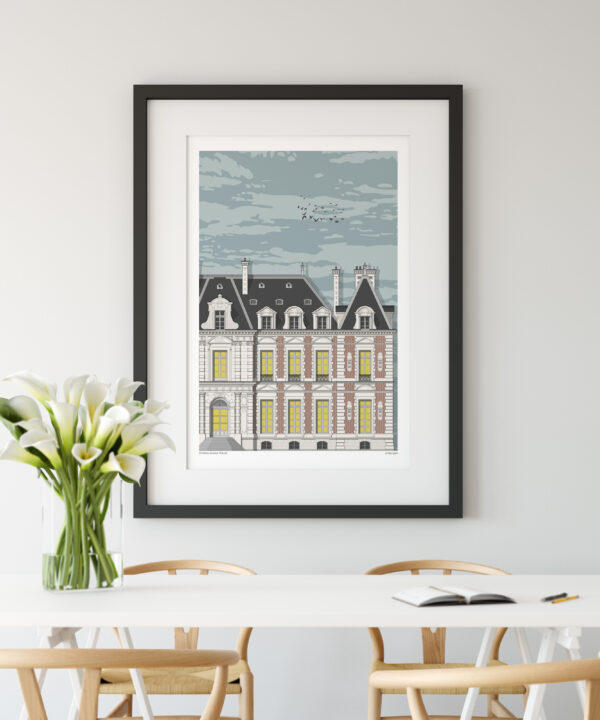 Chateau de Sceaux in France, depicted as a fine art print hung on the wall of a modern dining space.