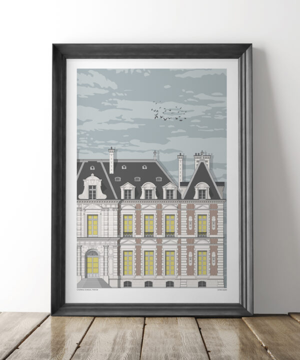 French chateau art takes the form of the Chateaux de Sceaux near Paris for this striking, line-drawn fine artwork reproduced as a Giclée and shown here in large format.