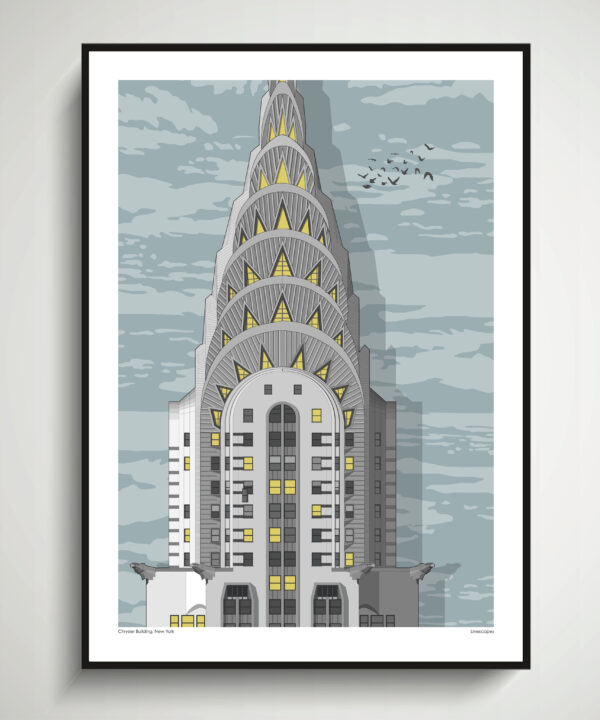 New York city print of the iconic Chrysler Building, rendered as an architectural drawing detail.