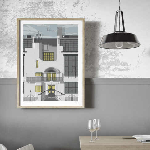 A bold, modernist-style line drawing of the iconic Glasgow School Of Art depicted in a contemporary grey dining room setting.