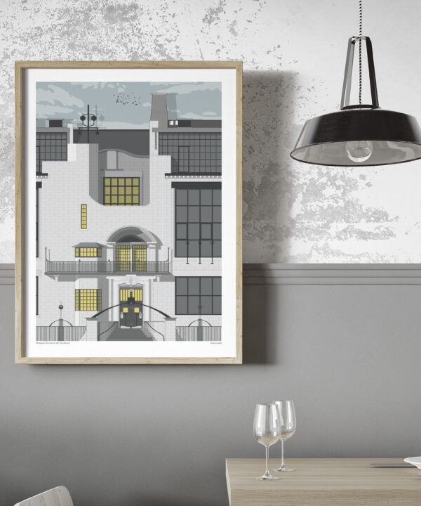 A bold, modernist-style line drawing of the iconic Glasgow School Of Art depicted in a contemporary grey dining room setting.