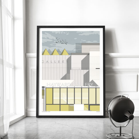 A large format, framed print of London's Hayward Gallery in a contemporary loft living space by a window.