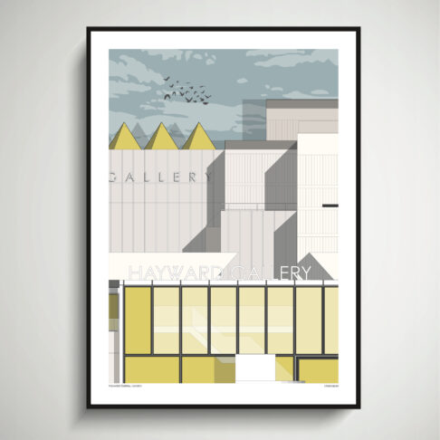 Print of the Hayward Gallery on London's South Bank as a line-drawn, fine art print, hung on a pale grey wall.