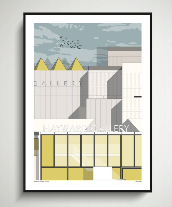 Print of the Hayward Gallery on London's South Bank as a line-drawn, fine art print, hung on a pale grey wall.