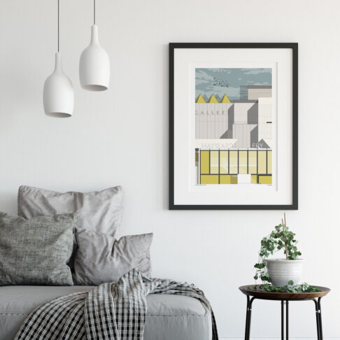 A smaller, framed version of the Hayward Gallery line drawing print, hung on the wall in a contemporary sitting room.