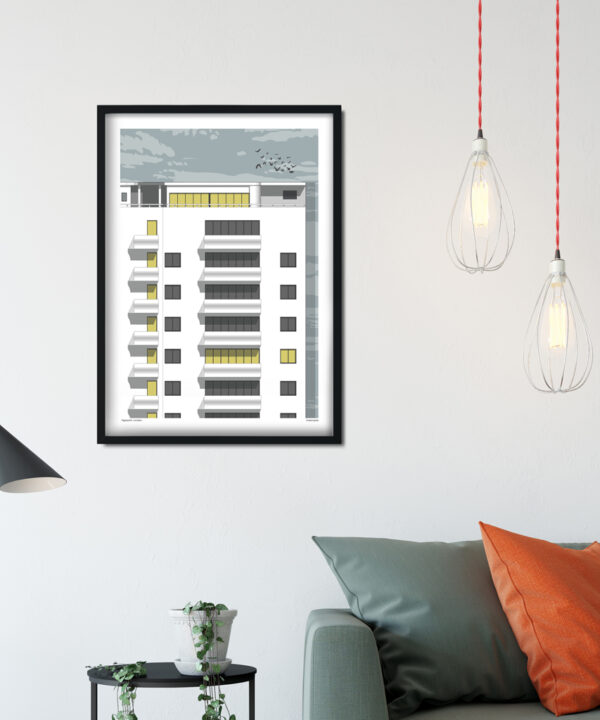 A print of the Highpoint apartment blocks in London's Highgate, shown here in a modern sitting room space.