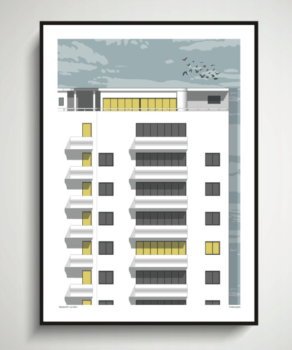 A print of Highpoint in London's Highgate. The unframed print depicts the architectural details of a section of this iconic edifice.