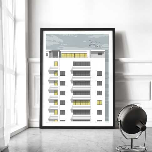 A modern line drawing presented as a large format print depicting Highpoint in London. The framed artwork is shown here in an industrial loft space.