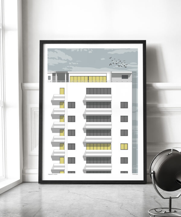 A modern line drawing presented as a large format print depicting Highpoint in London. The framed artwork is shown here in an industrial loft space.