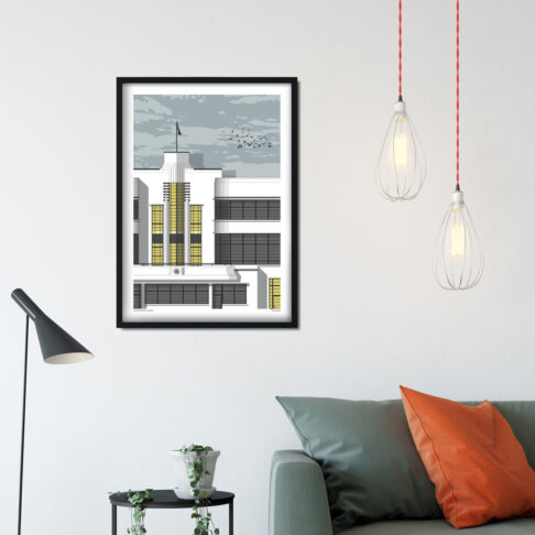 A Hoover building artwork hung on the walls of a contemporary sitting room with modern lighting.