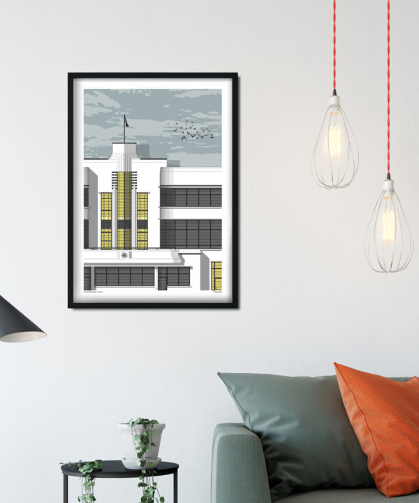 A Hoover building artwork hung on the walls of a contemporary sitting room with modern lighting.