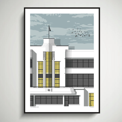 A striking print of the Hoover building in west London, shown here framed in black against a pale grey wall.