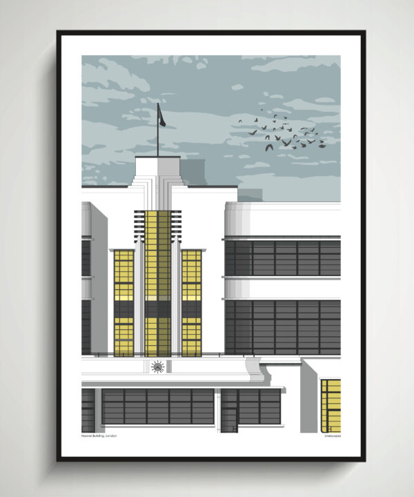 A striking print of the Hoover building in west London, shown here framed in black against a pale grey wall.